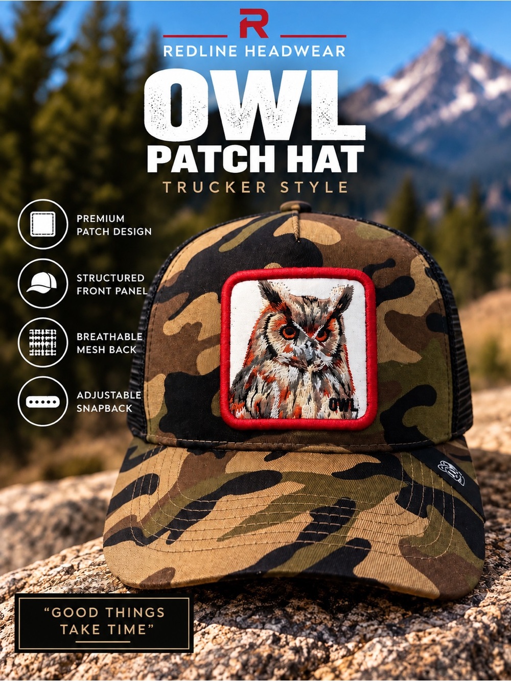 Camo Owl Patch Trucker Hat | Embroidered Wildlife Snapback Cap
